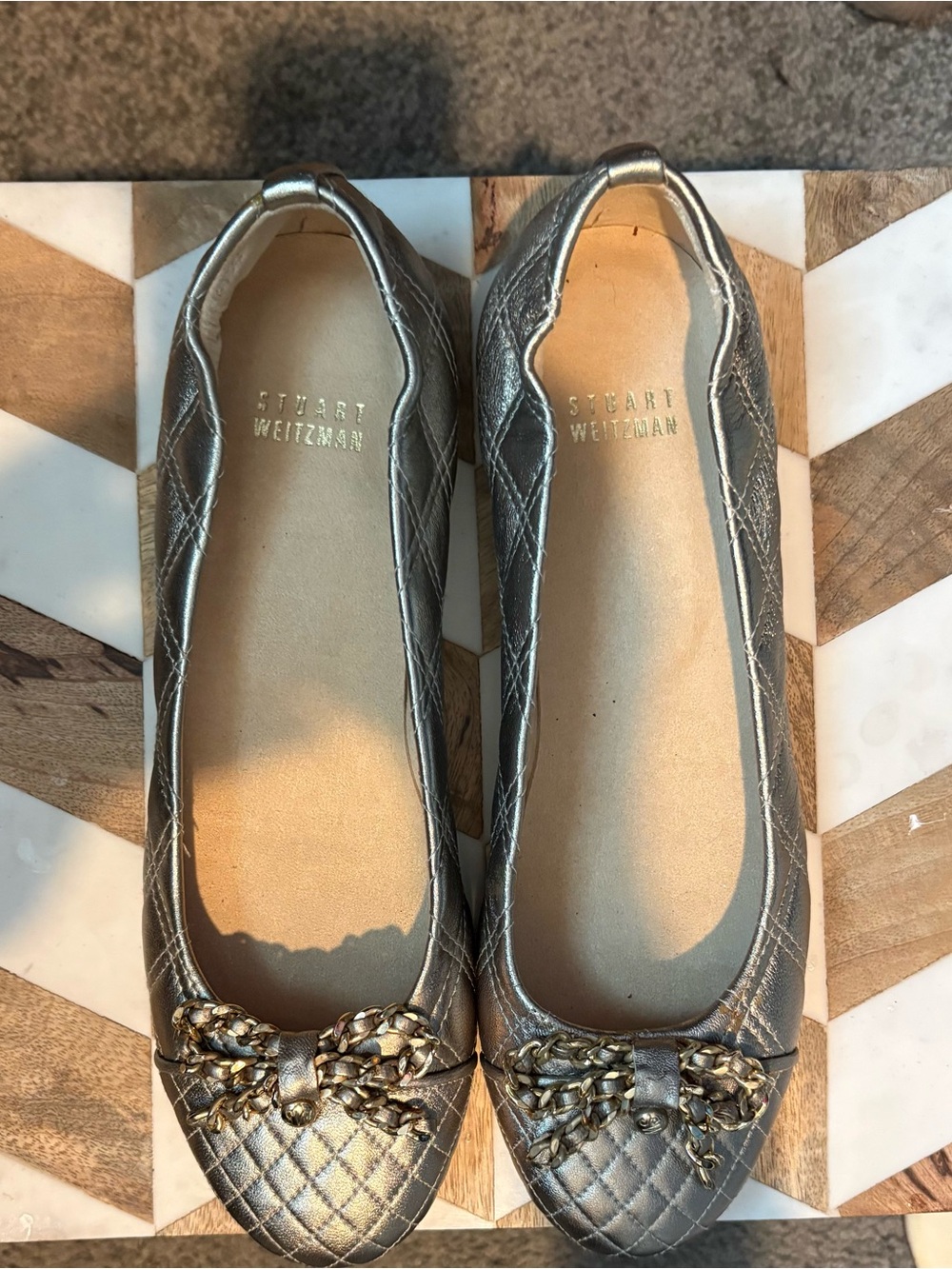 Stuart Weitzman Quilted Metallic Silver Chain-Trim Ballet Flats